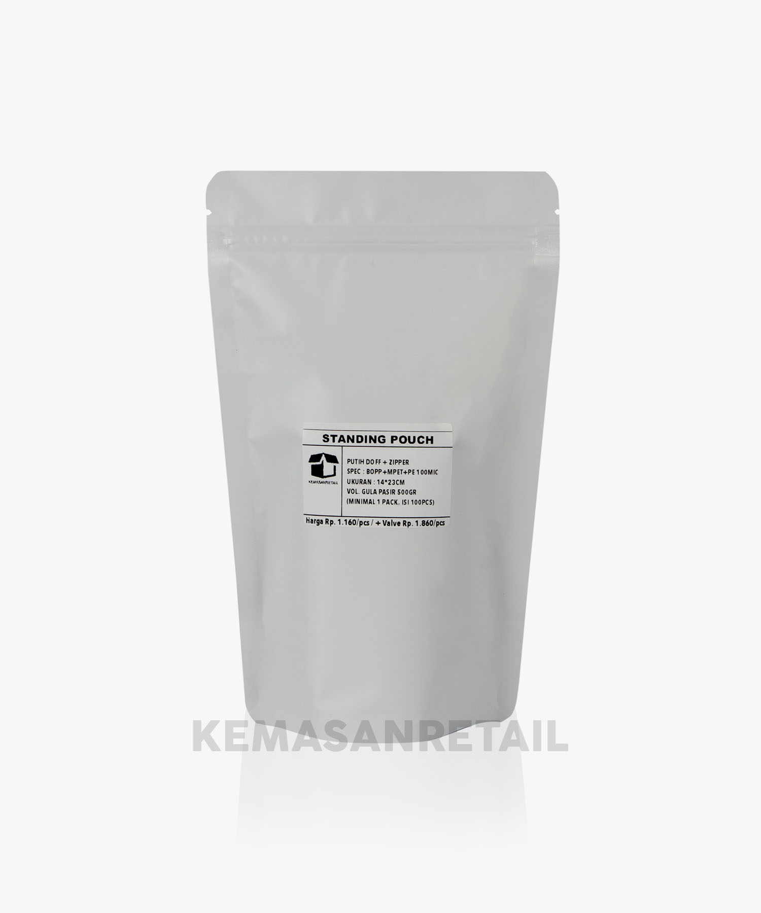 Kemasan Standing Pouch Zipper Putih Doff 14x23 500gr HX - Image 2