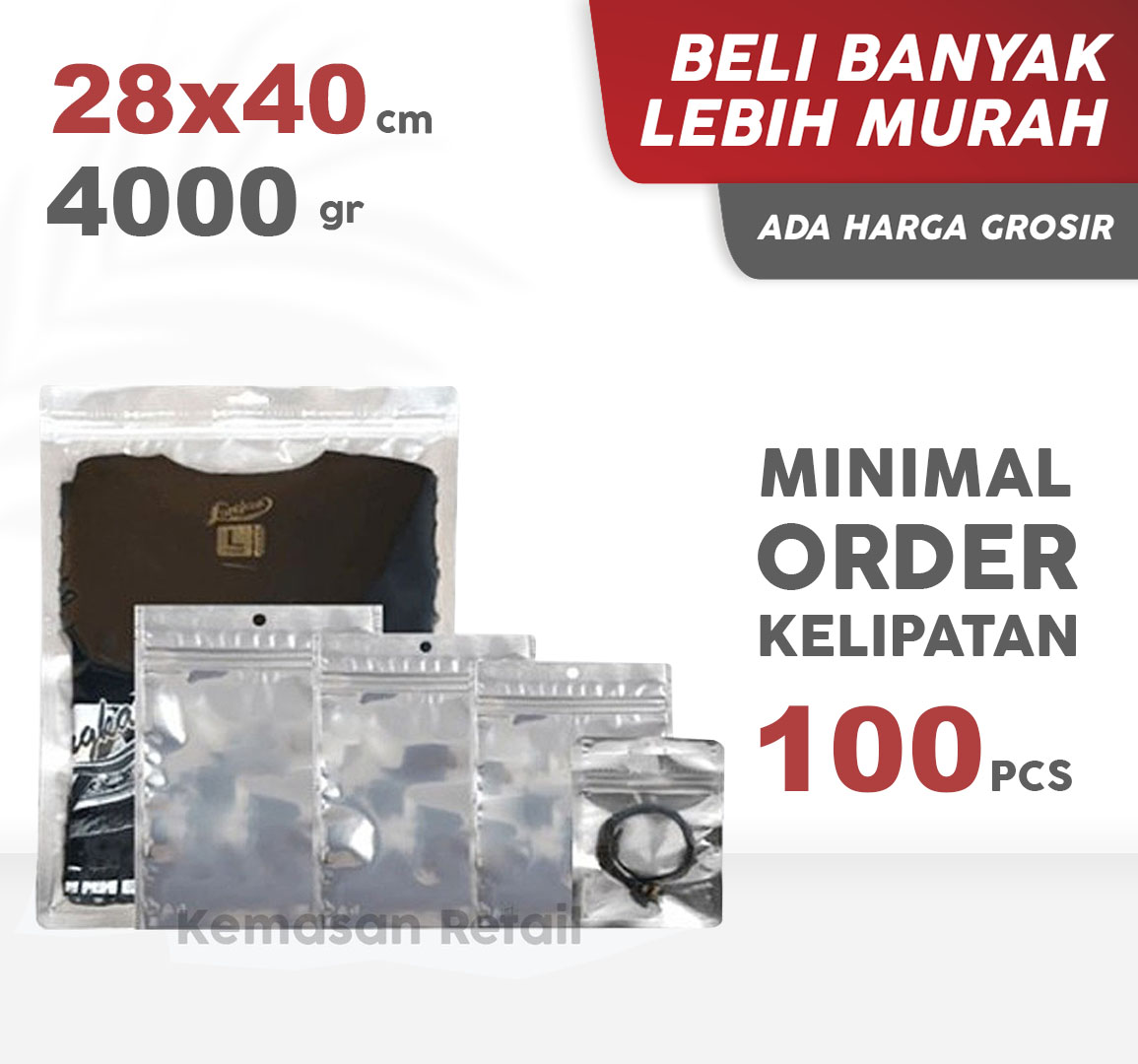 Kemasan Kantong Sachet Bag Transmet Kombinasi Zipper 28x40 4000gr