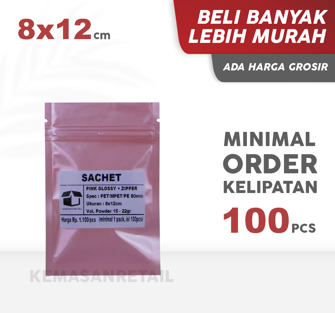 Kemasan Kantong Sachet Zipper Pink Glossy 8x12