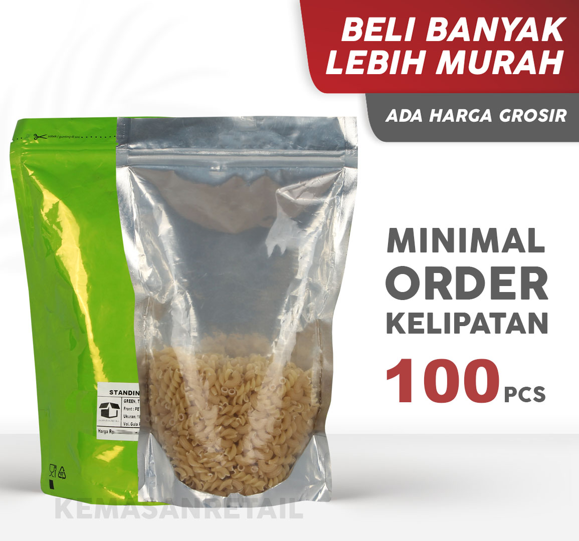 Kemasan Standing Pouch Transmet Kombinasi Zip Hijau 18X29 1100gr