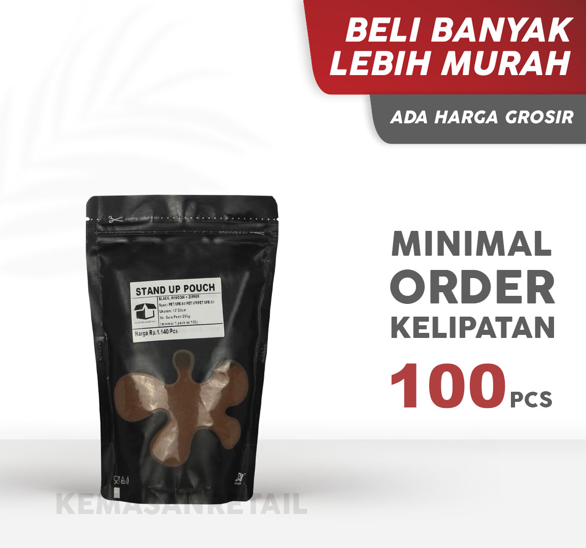 Kemasan Standing Pouch Transmet Window Zipper Hitam Doff 13x20 250gr