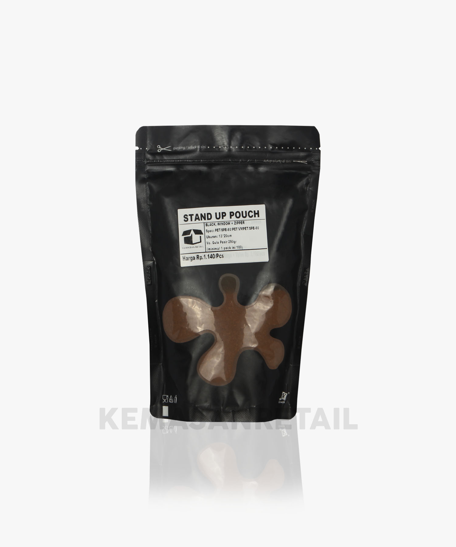 Kemasan Standing Pouch Transmet Window Zipper Hitam Doff 13x20 250gr - Image 2