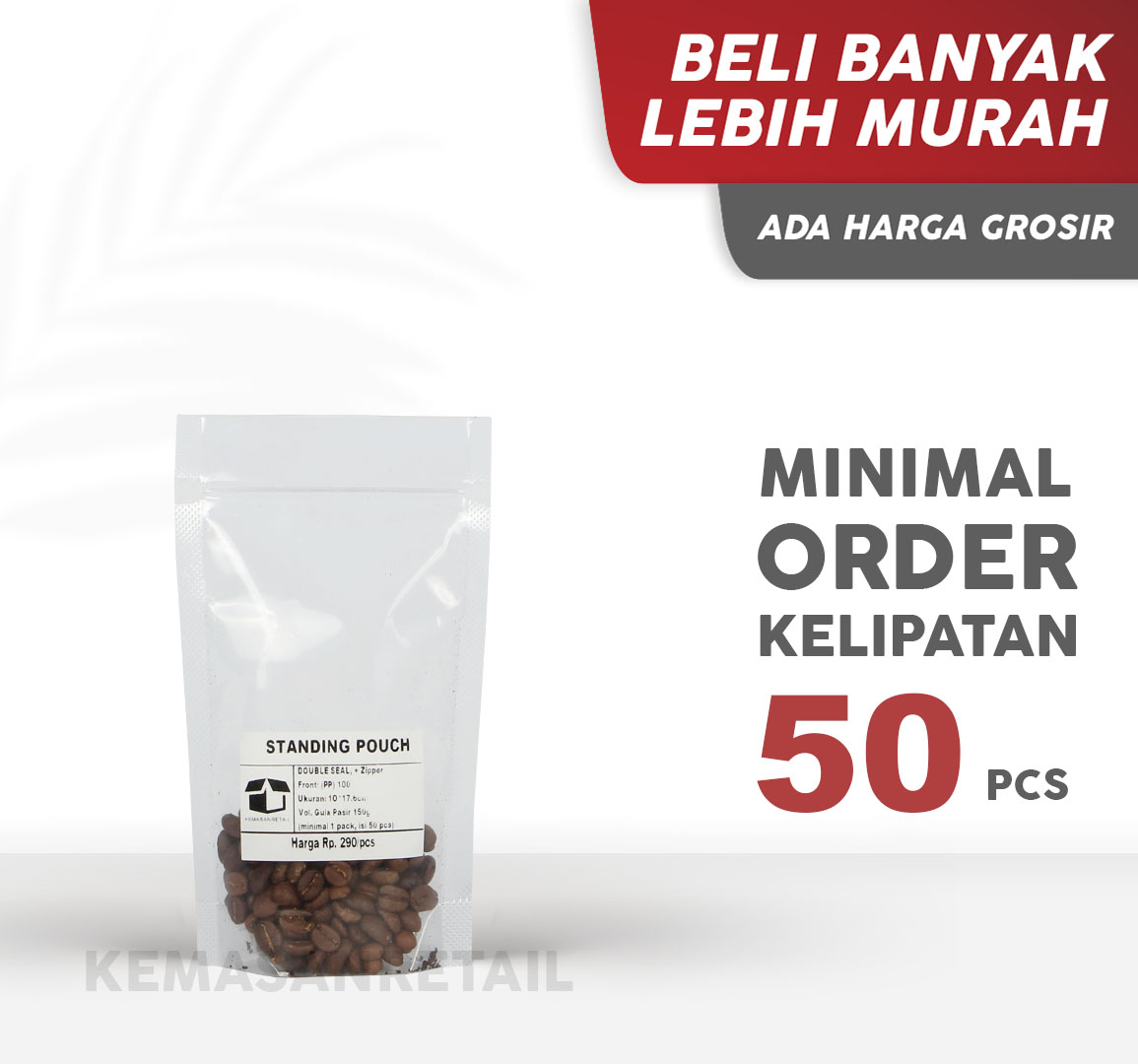 Kemasan Standing Pouch STP Klip Zipper PP Bening Double Seal 10x17.6 100g