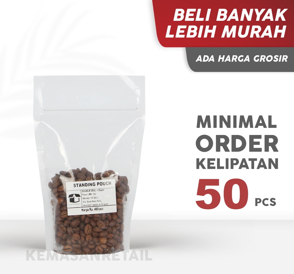 Kemasan Standing Pouch STP Klip Zipper PP Bening Double Seal 14x22 500g