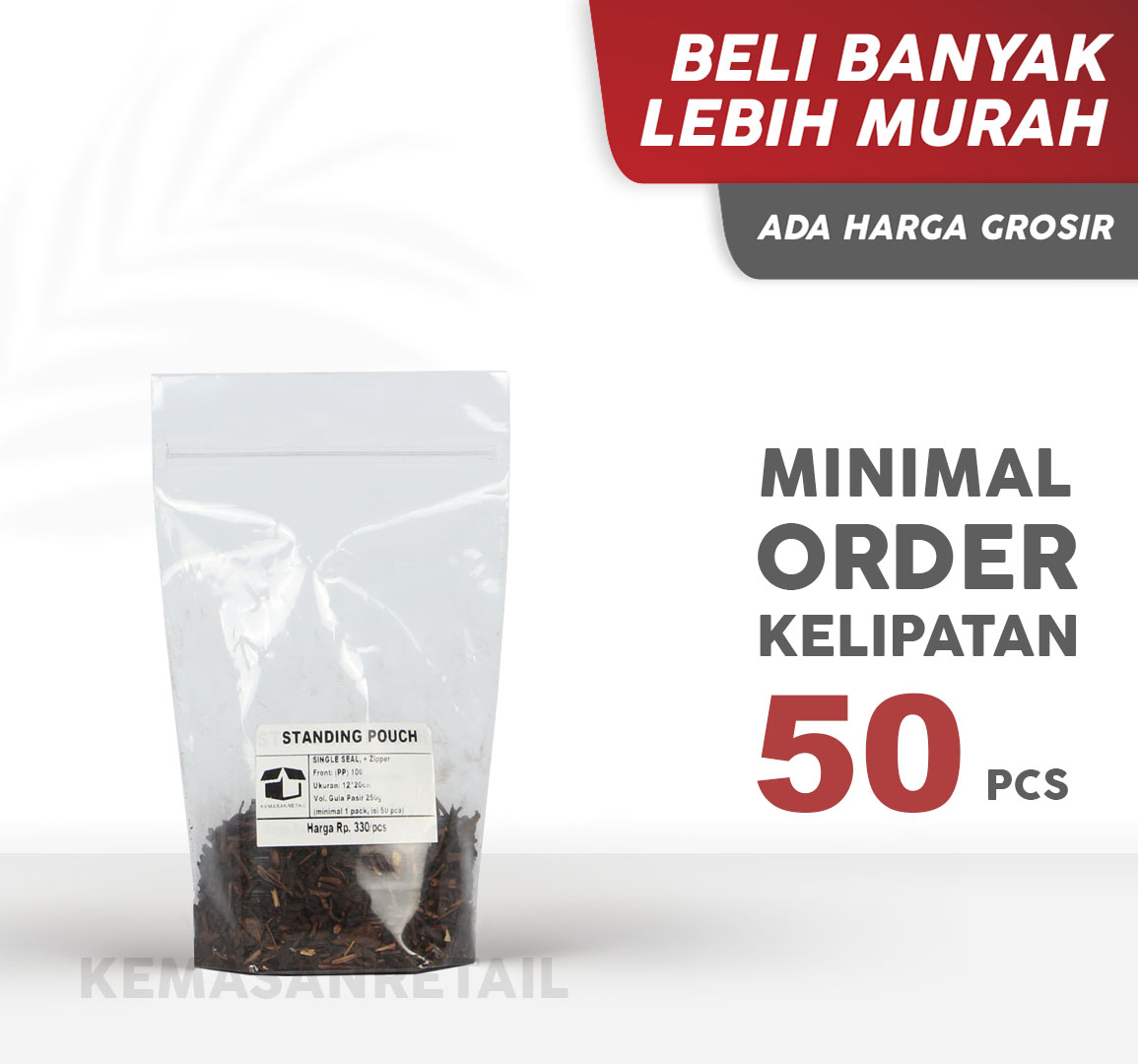 Kemasan Standing Pouch STP Klip Zipper PP Bening Single Seal 12x20 250g