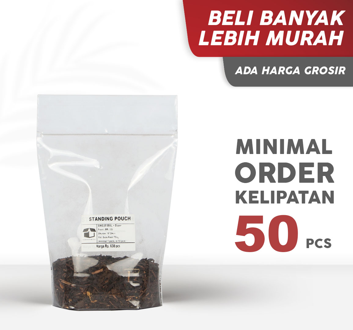 Kemasan Standing Pouch STP Klip Zipper PP Bening Single Seal 16x24 750g