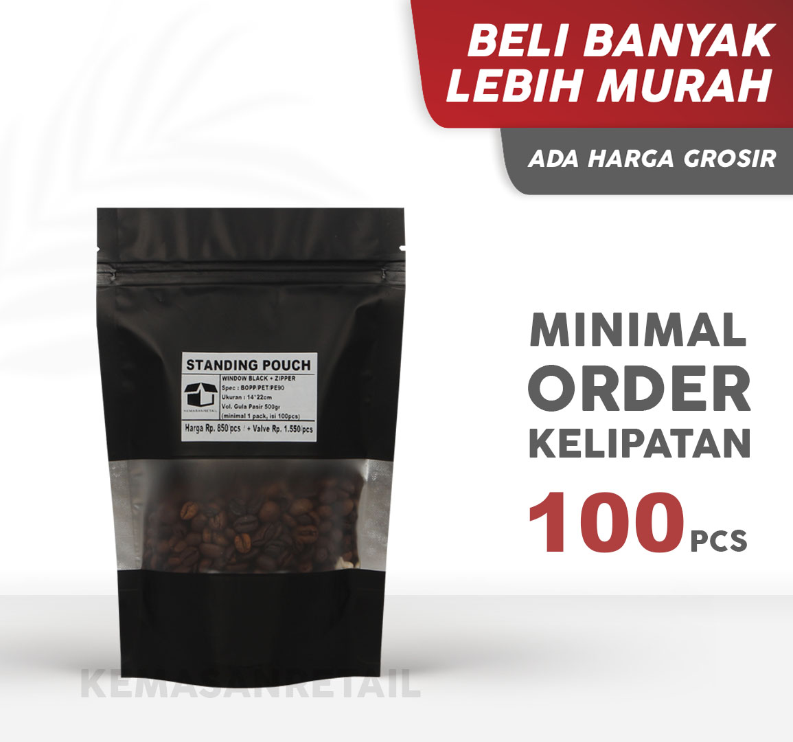 Kemasan Standing Pouch Window Zipper Hitam Doff 14x22 500gr