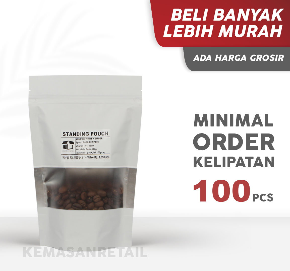 Kemasan Standing Pouch Window Zipper Putih Doff 14x22 500gr