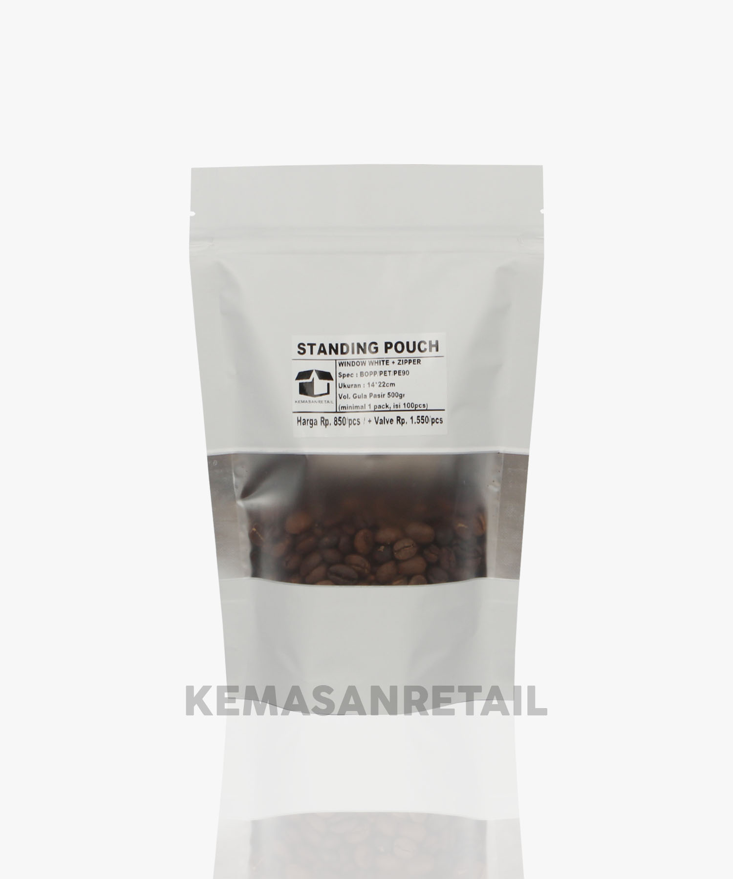 Kemasan Standing Pouch Window Zipper Putih Doff 14x22 500gr - Image 2