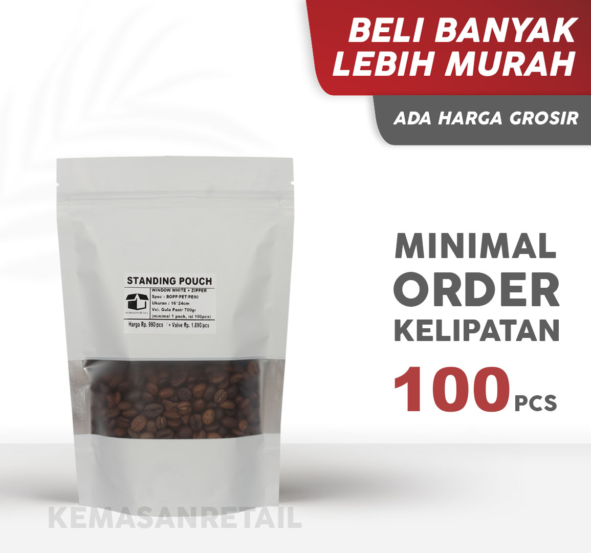 Kemasan Standing Pouch Window Zipper Putih Doff 16x24 750gr