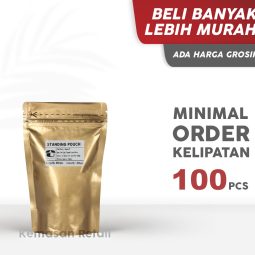 Kemasan Standing Pouch Alumunium Gold Glossy Zipper 13x20.5cm 250gr PC