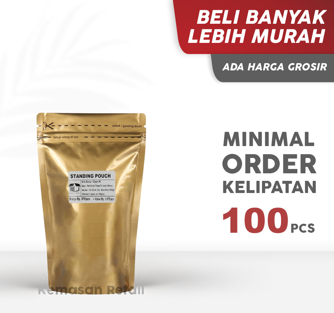 Kemasan Standing Pouch Alumunium Gold Glossy Zipper 14x23cm 500gr PC