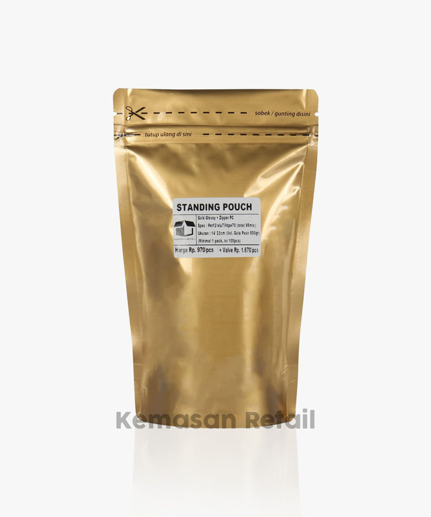 Kemasan Standing Pouch Alumunium Gold Glossy Zipper 14x23cm 500gr PC - Image 2