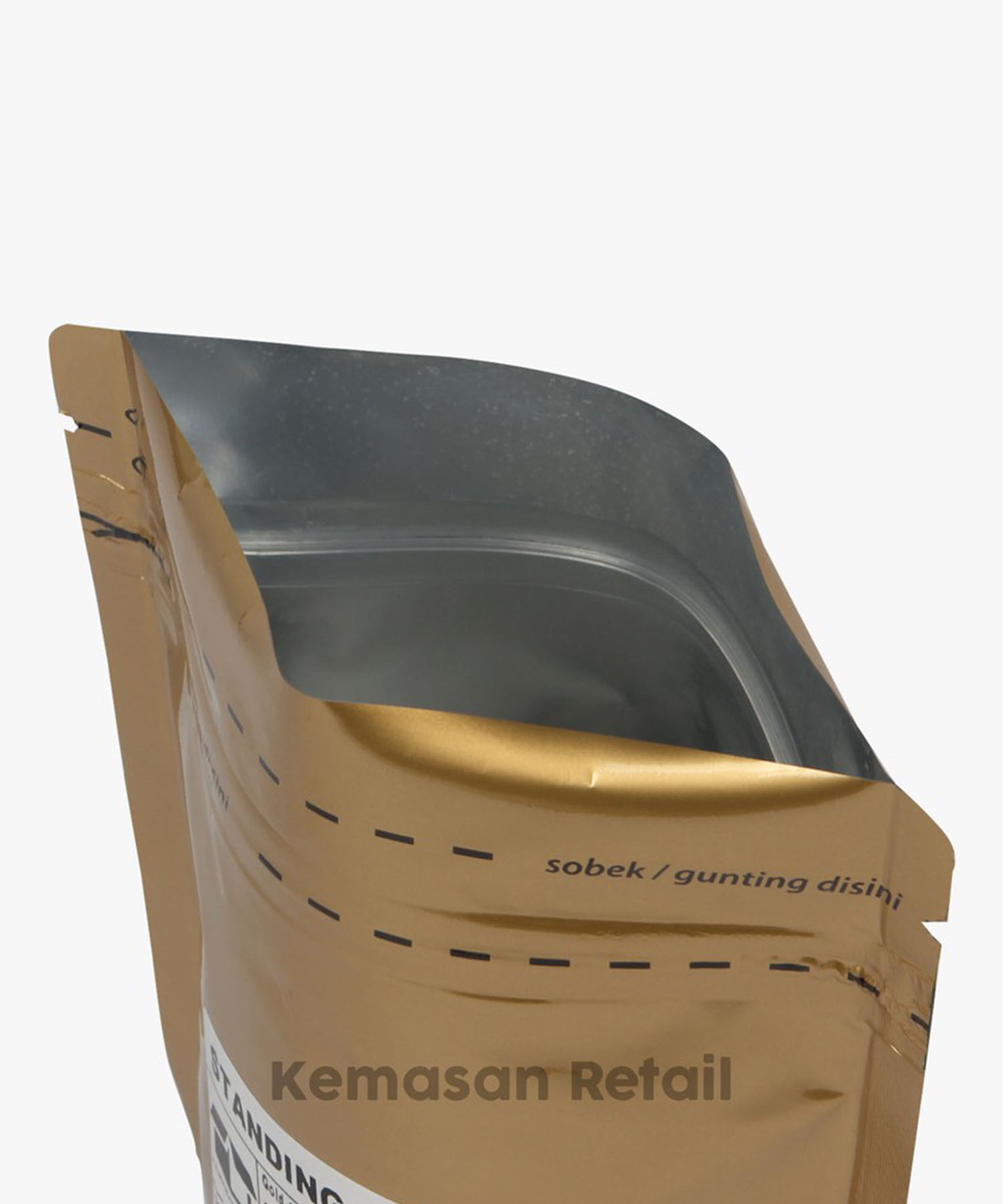 Kemasan Standing Pouch Alumunium Gold Glossy Zipper 14x23cm 500gr PC - Image 4
