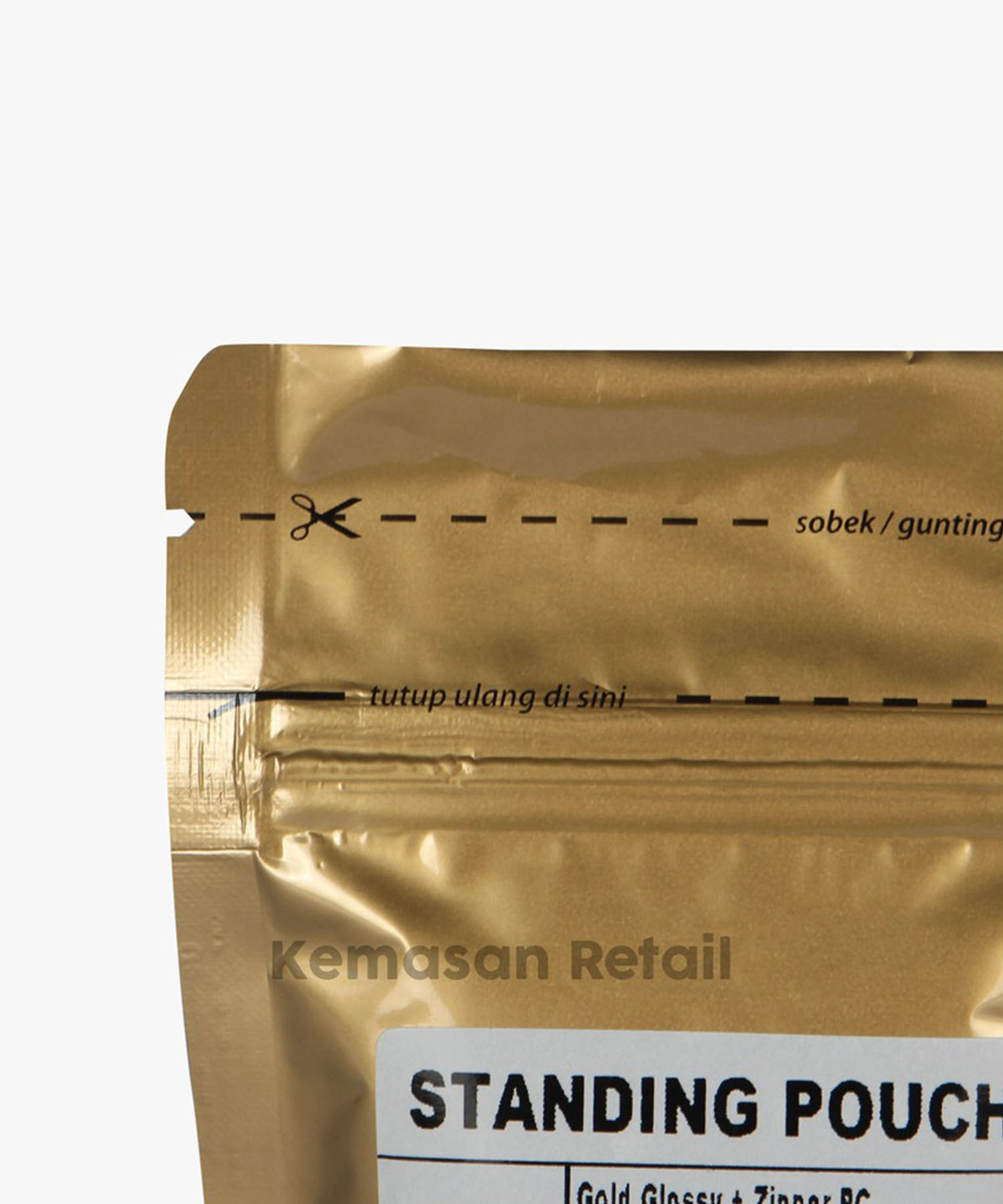 Kemasan Standing Pouch Alumunium Gold Glossy Zipper 14x23cm 500gr PC - Image 5