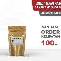 Kemasan Standing Pouch Alumunium Gold Glossy Zipper 9x15cm 150gr PC