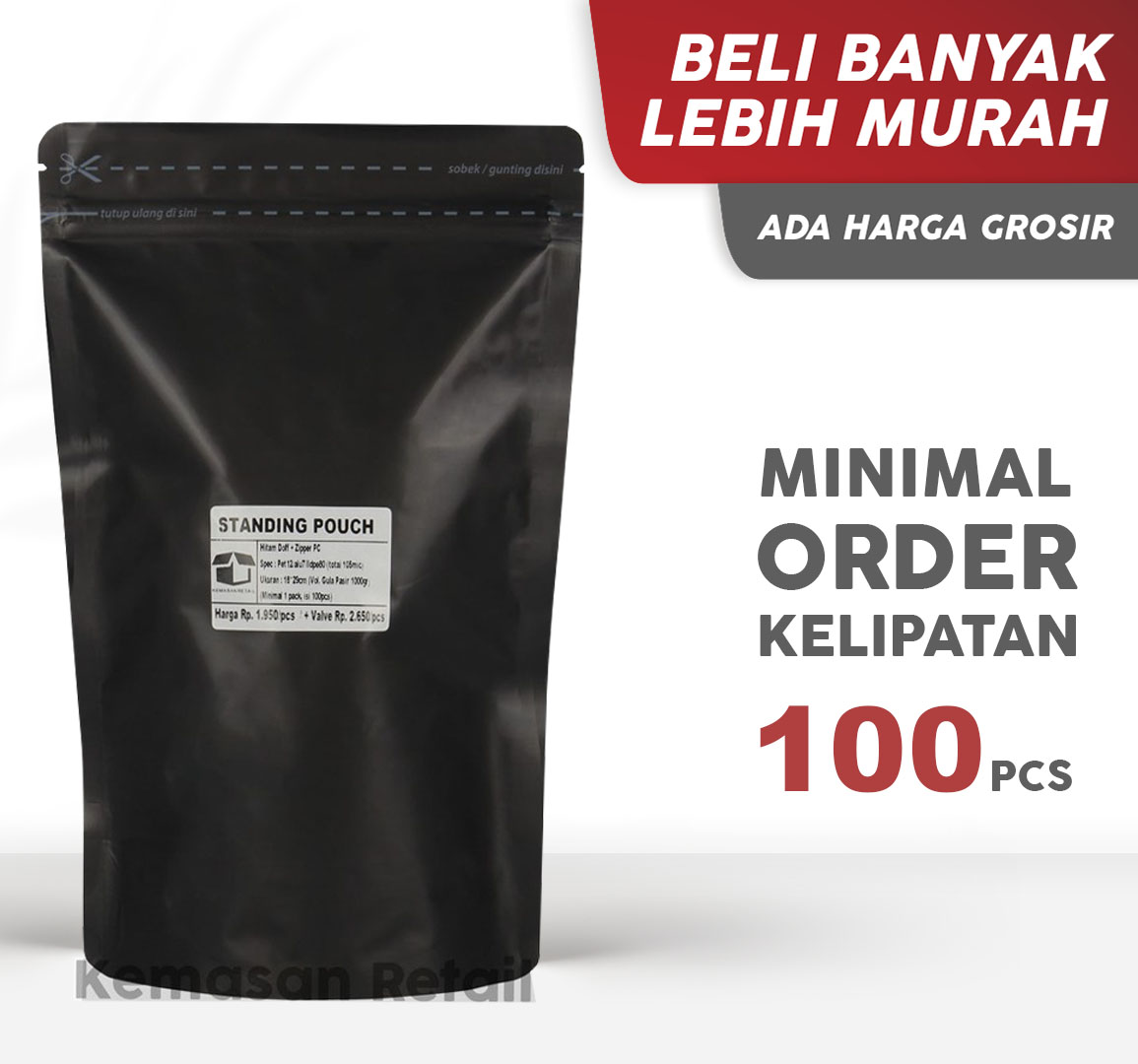 Kemasan Standing Pouch Alumunium Hitam Doff Zipper 18x29cm 1000gr PC