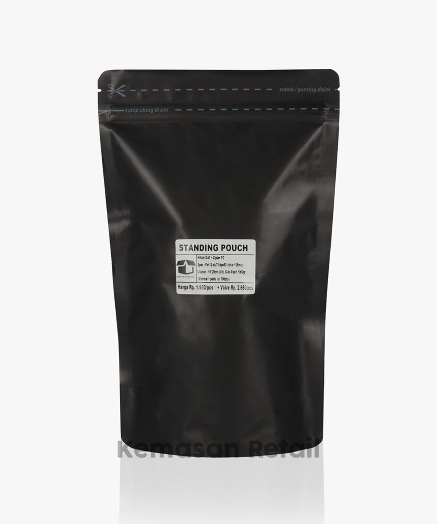 Kemasan Standing Pouch Alumunium Hitam Doff Zipper 18x29cm 1000gr PC - Image 2