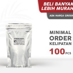 Kemasan Standing Pouch Alumunium Silver Glossy  Zipper 14x23cm 500gr PC