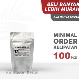 Kemasan Standing Pouch Alumunium Silver Glossy Zipper 9x15cm 150gr PC