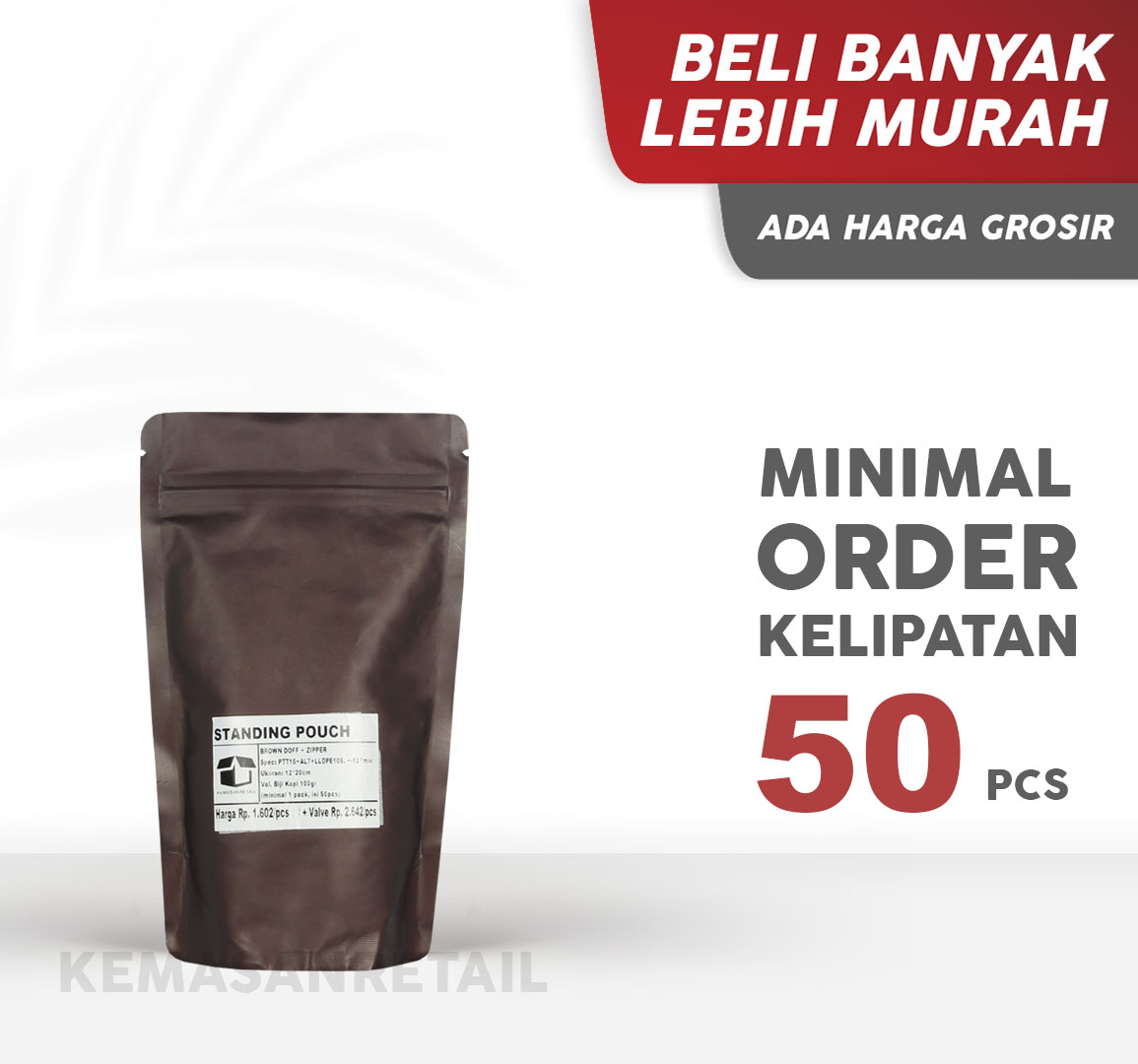 Kemasan Standing Pouch Aluminium Coklat Doff Zipper 12x20 100g