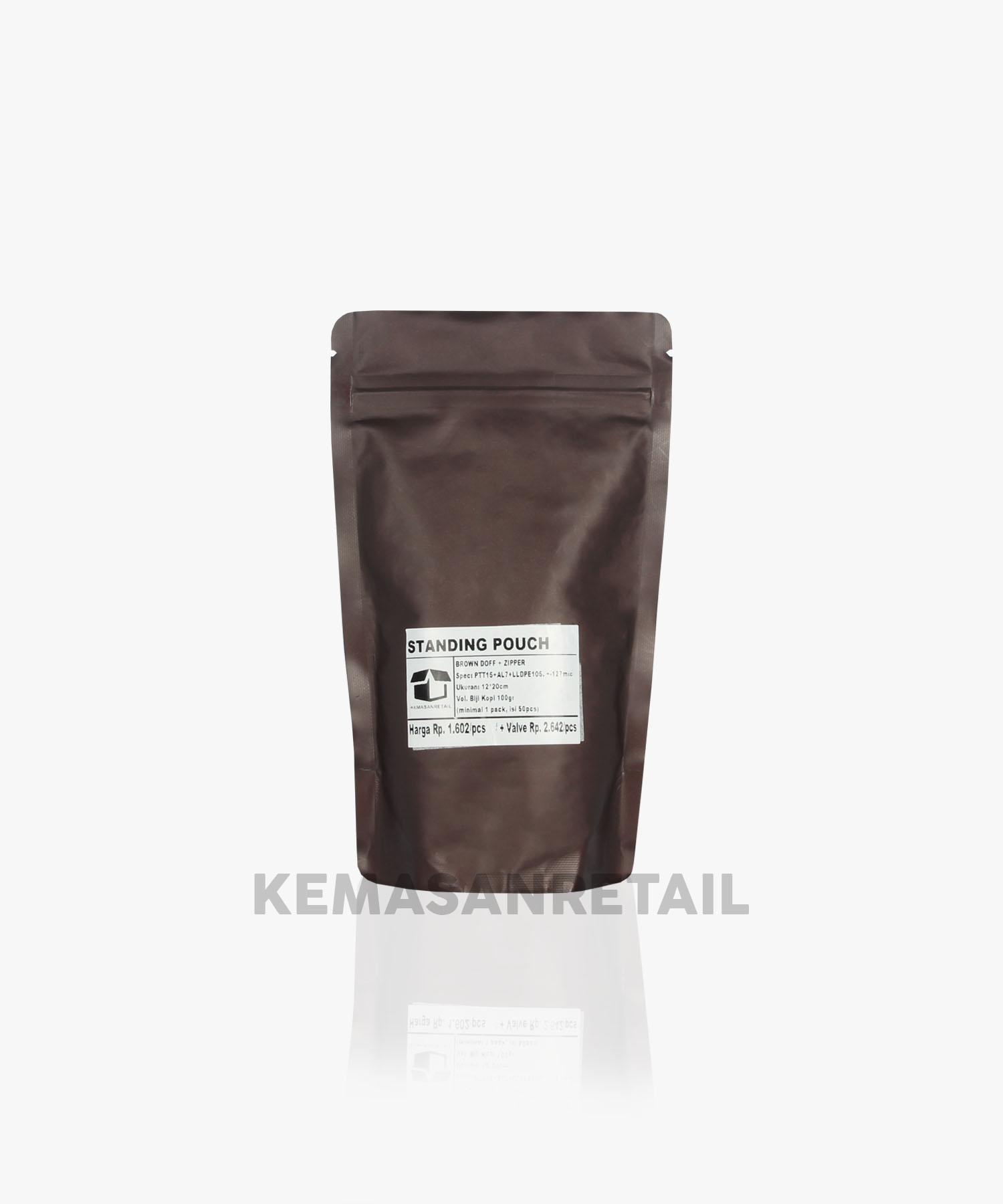 Kemasan Standing Pouch Aluminium Coklat Doff Zipper 12x20 100g - Image 2