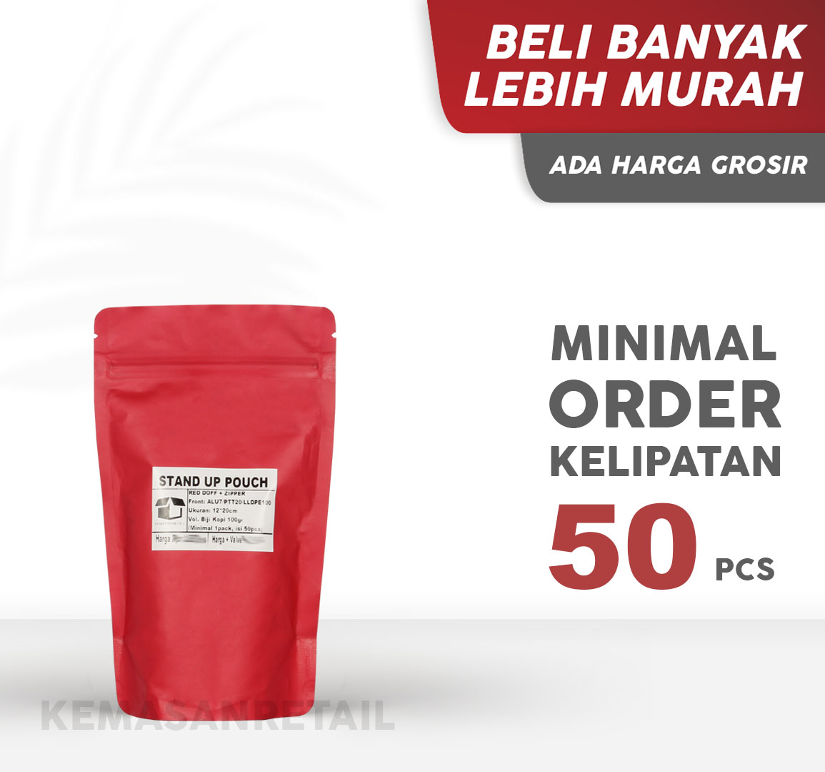 Kemasan Standing Pouch Aluminium Merah Doff Zipper 12x20 100g