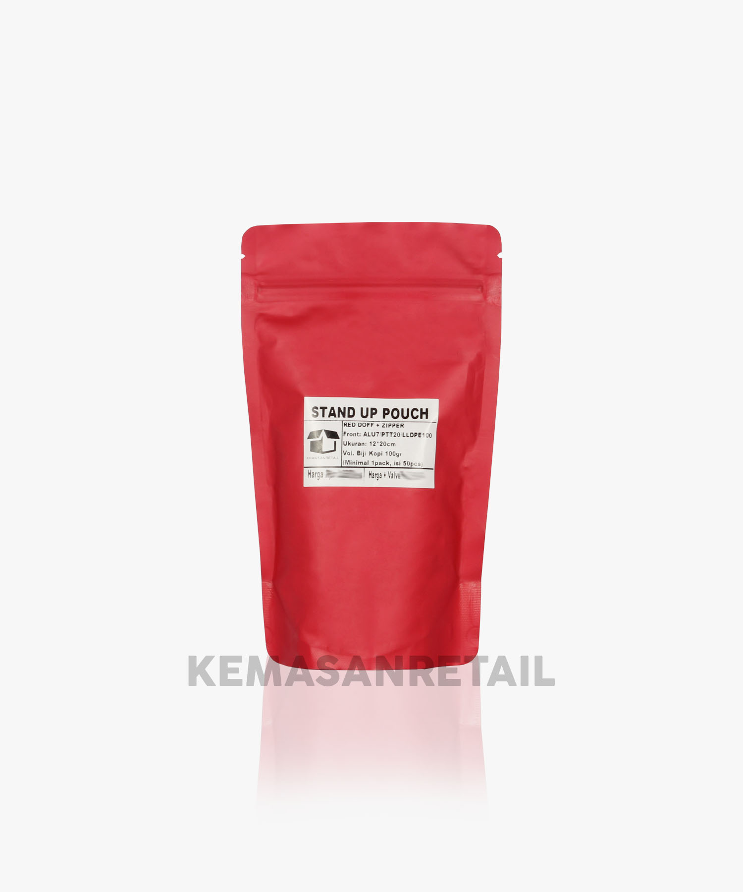 Kemasan Standing Pouch Aluminium Merah Doff Zipper 12x20 100g - Image 2