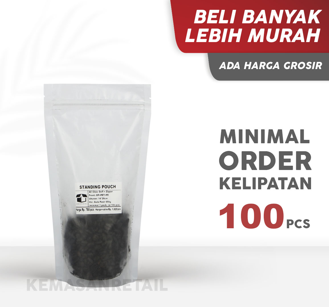Kemasan Standing Pouch Transparan Bening Doff 14x26 650gr