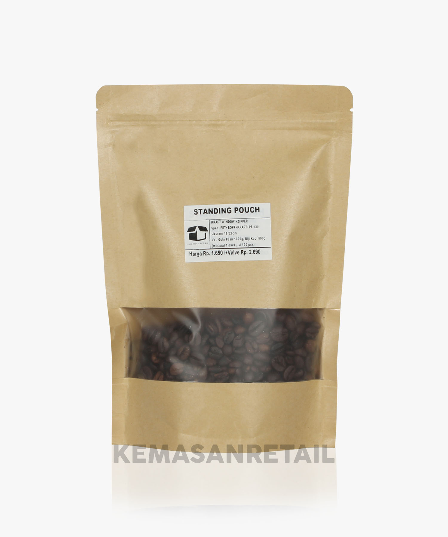 Kemasan Standing Pouch Kraft Window Zipper 18x26 1000g - Image 2