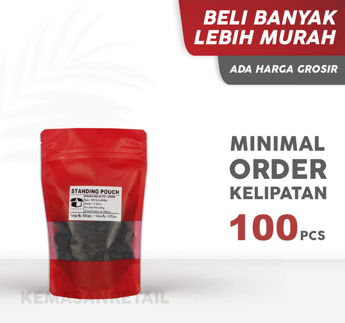 Kemasan Standing Pouch Zipper Window Merah Doff 13x20 250g