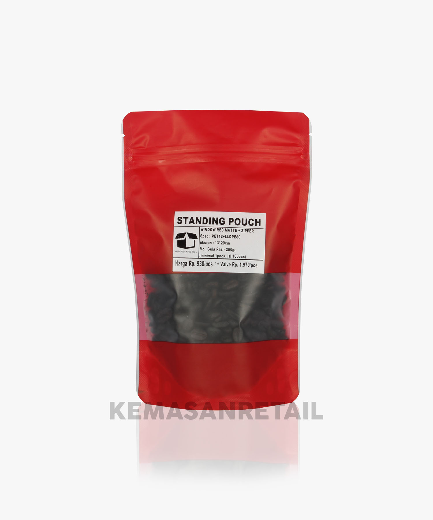 Kemasan Standing Pouch Zipper Window Merah Doff 13x20 250g - Image 2