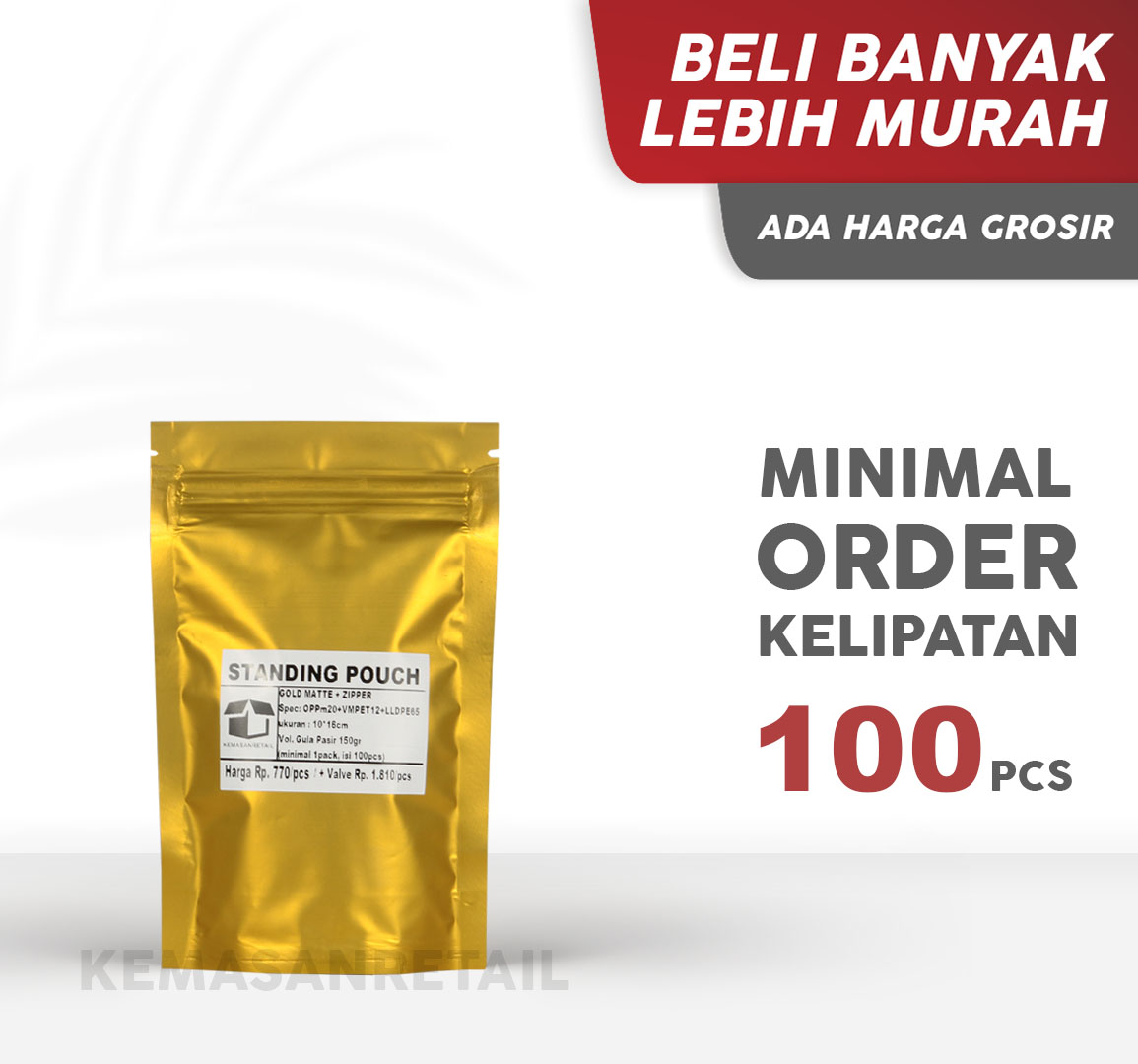 Kemasan Standing Pouch Zipper Gold Doff 10x16 150g