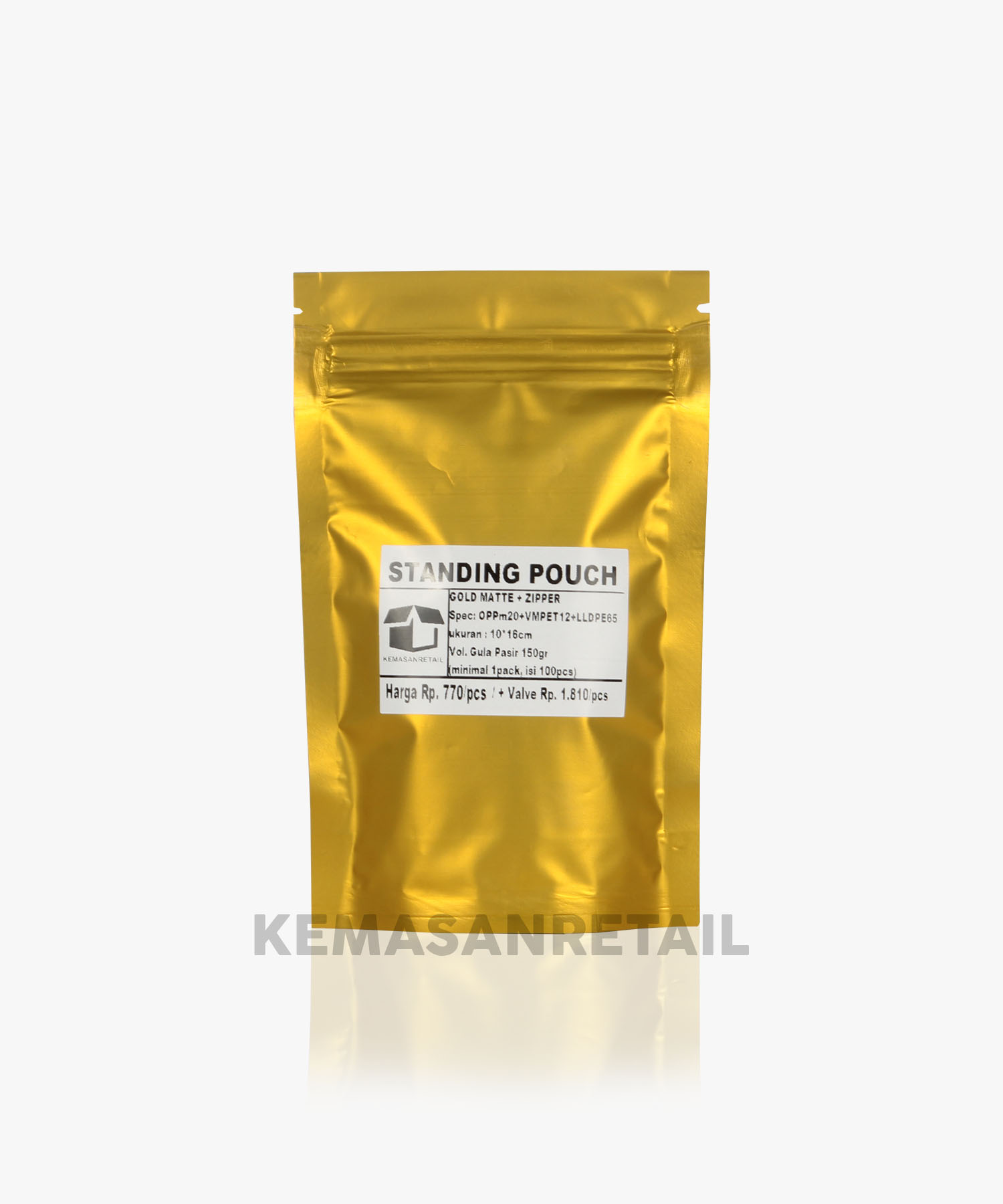 Kemasan Standing Pouch Zipper Gold Doff 10x16 150g - Image 2