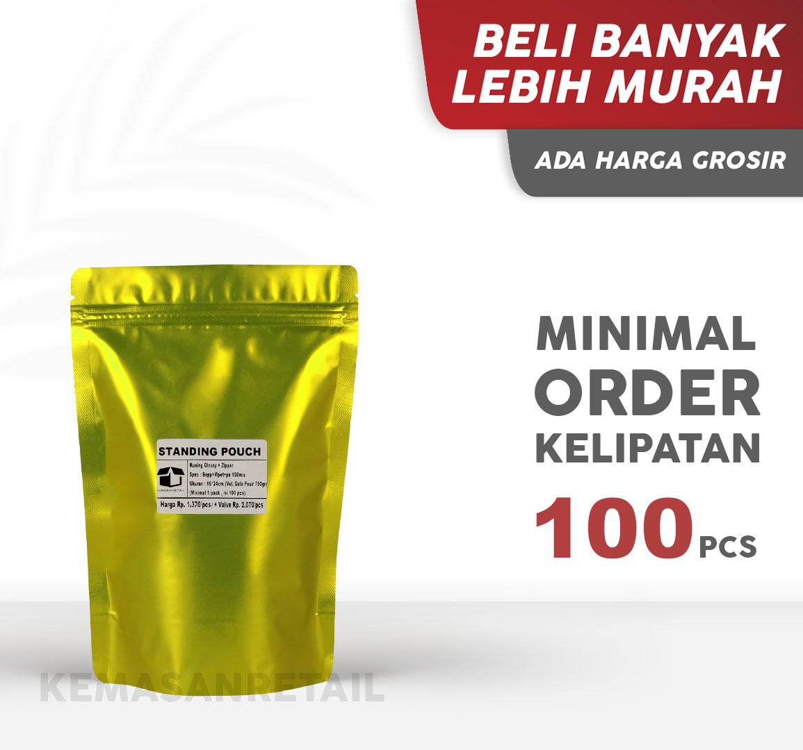 Kemasan Standing Pouch Zipper Kuning Glossy 16x24 750gr