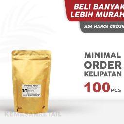 Kemasan Standing Pouch Aluminium Gold Doff Zipper 13x20 250gr