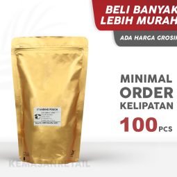 Kemasan Standing Pouch Aluminium Gold Doff Zipper 18x29 1100gr