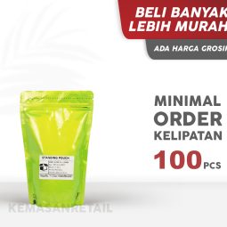 Kemasan Standing Pouch Aluminium hijau Glossy Zipper 13x20 250gr