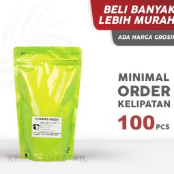 Kemasan Standing Pouch Aluminium hijau Glossy Zipper 14x23 500gr