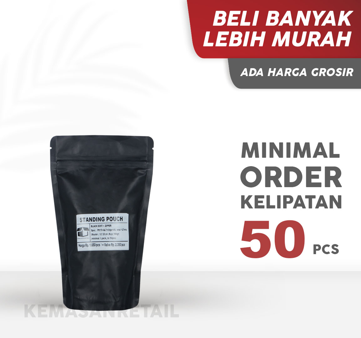 Kemasan Standing Pouch Aluminium Hitam Doff Zipper 12x20 100g