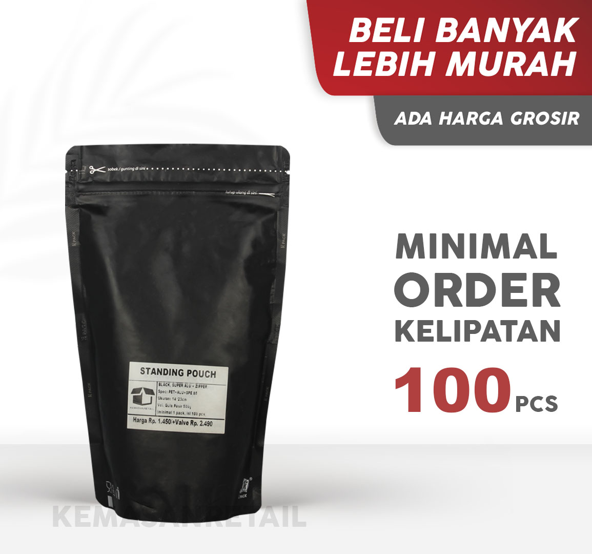 Kemasan Standing Pouch Aluminium Hitam Doff Zipper 14x23 500gr