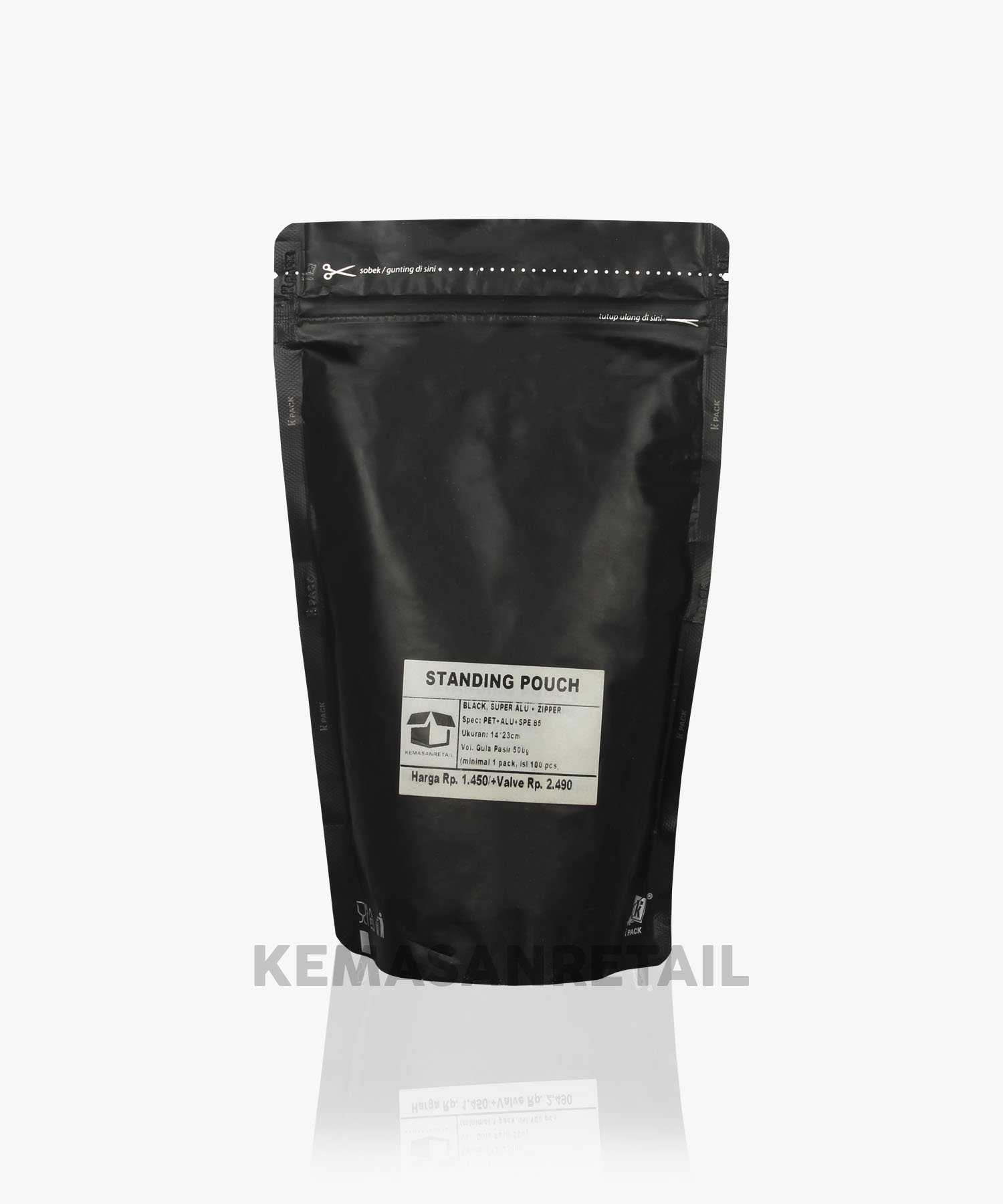 Kemasan Standing Pouch Aluminium Hitam Doff Zipper 14x23 500gr - Image 2