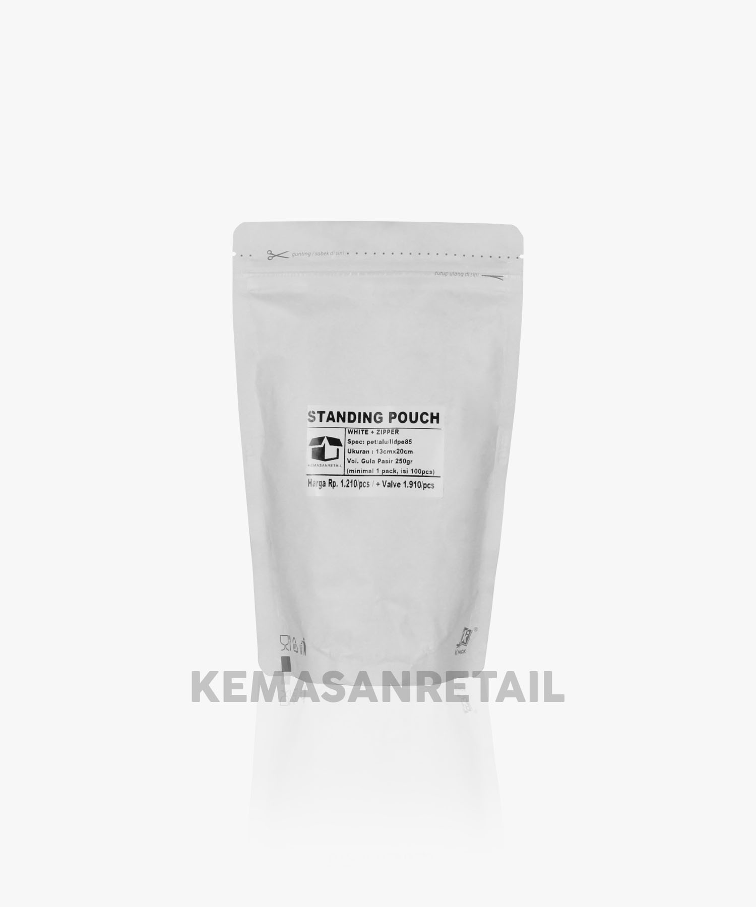 Kemasan Standing Pouch Aluminium Putih Doff Zipper 13x20 250g - Image 2