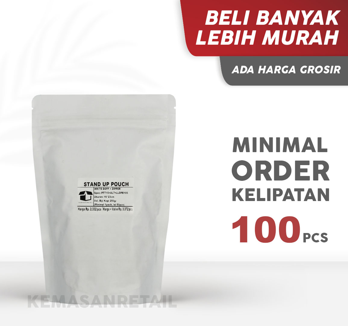 Kemasan Standing Pouch Aluminium Putih Doff Zipper 16x23 250g