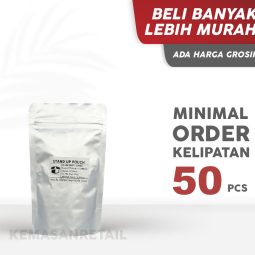 Kemasan Standing Pouch Aluminium Silver Doff Zipper 12x20 100g