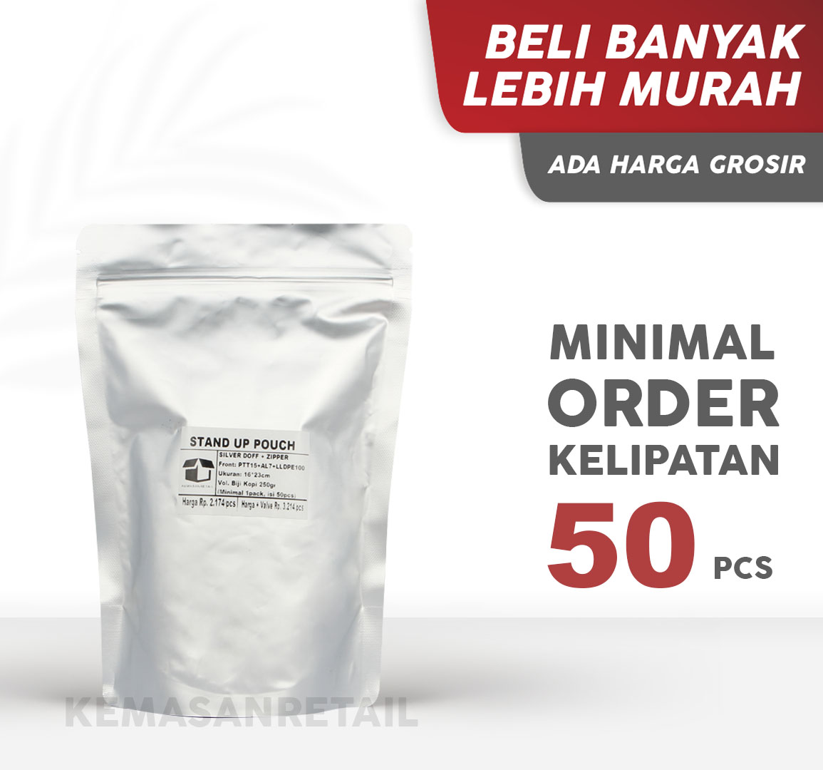 Kemasan Standing Pouch Aluminium Silver Doff Zipper 16x23 250g