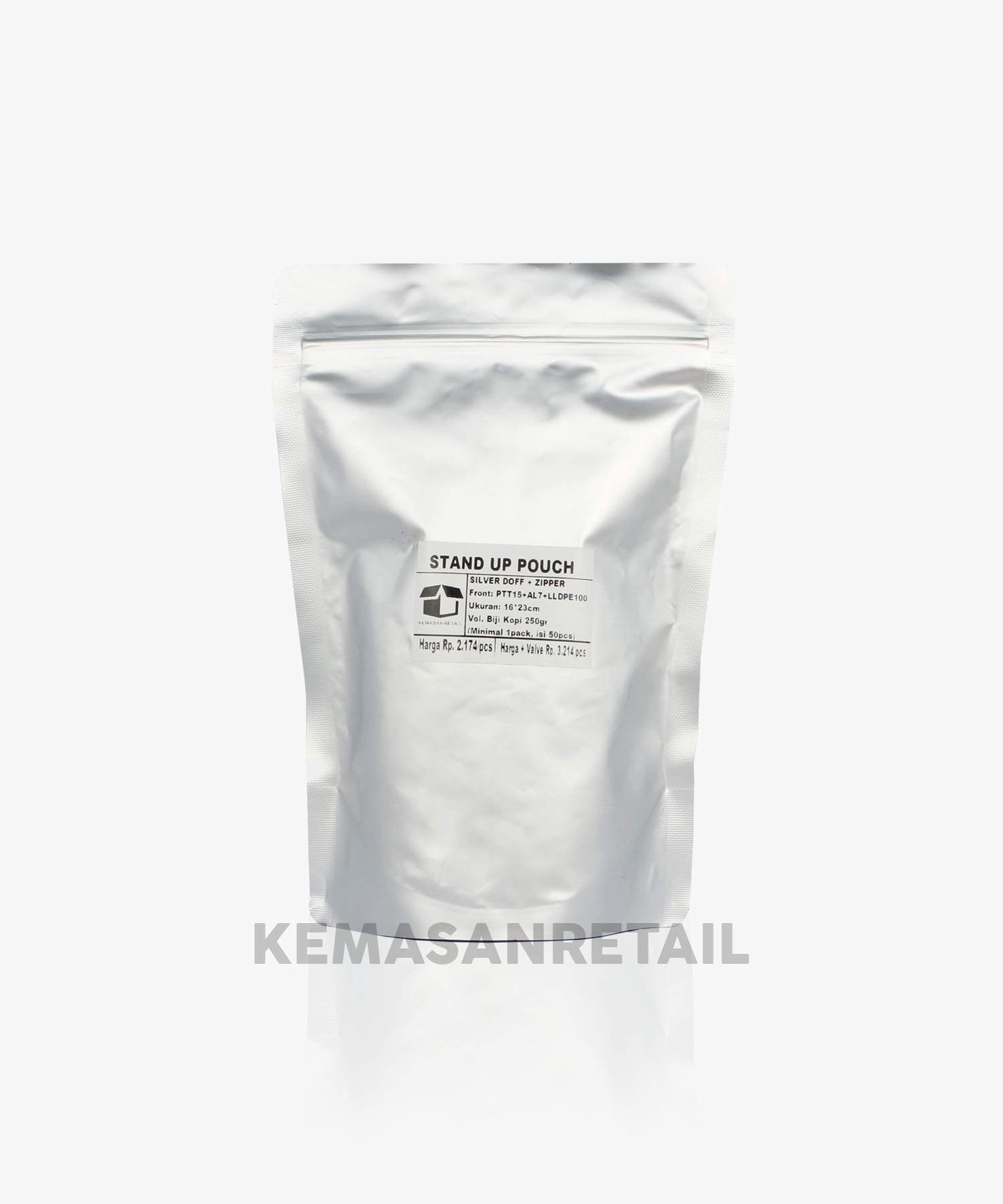 Kemasan Standing Pouch Aluminium Silver Doff Zipper 16x23 250g - Image 2