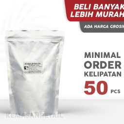 Kemasan Standing Pouch Aluminium Silver Doff Zipper 19x27 500g