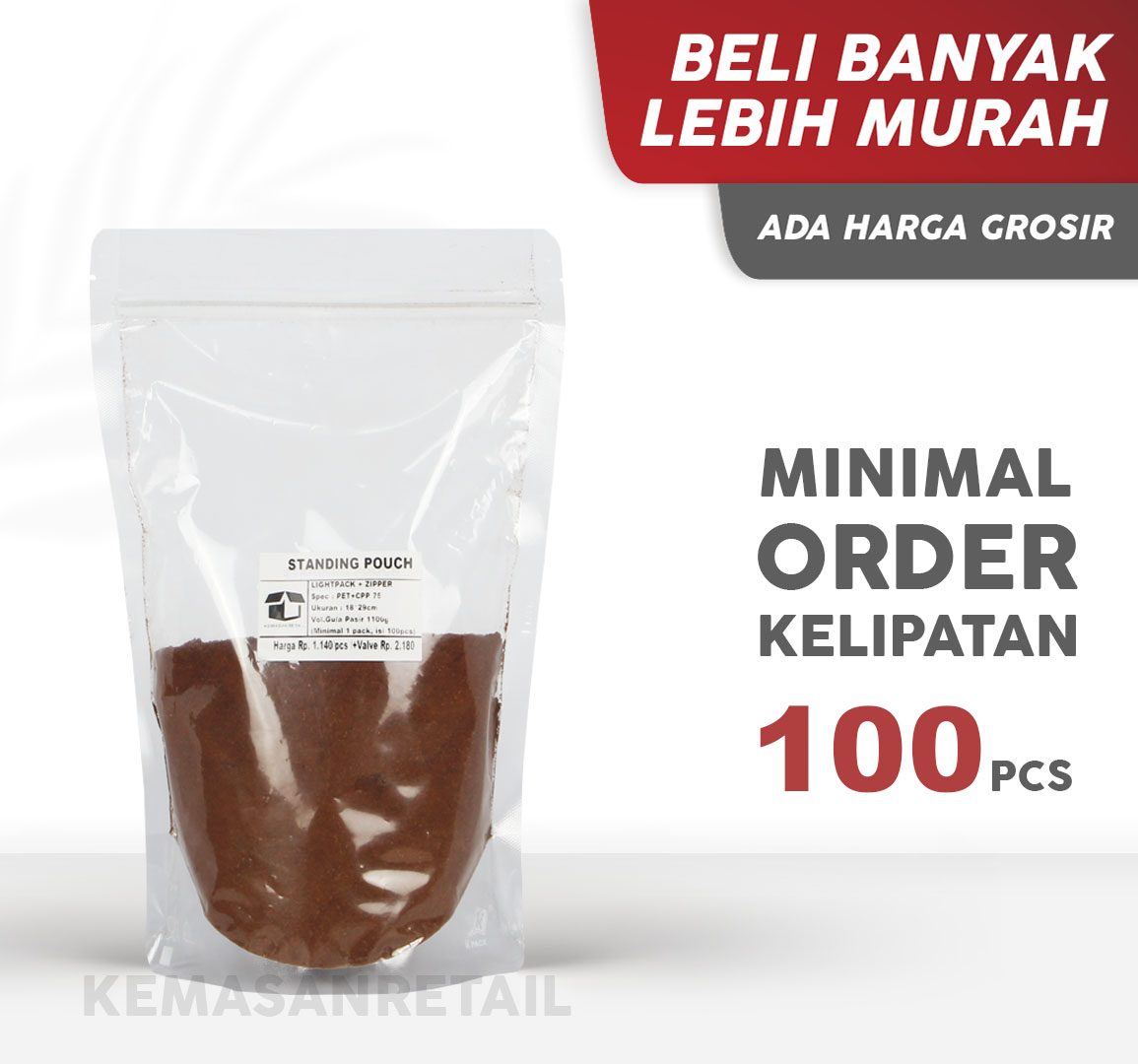 Kemasan Standing Pouch lightpack Bening Zipper 18x29 1100gr
