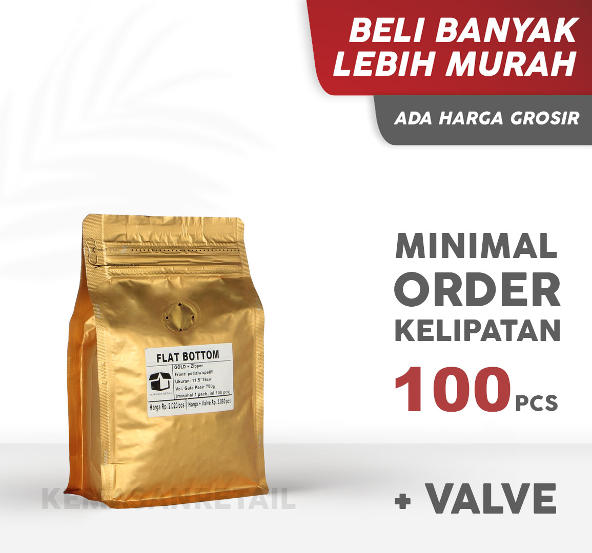 Kemasan Flat Bottom Zipper Alu Gold Doff 11.5x18 250gr Kopi +Valve